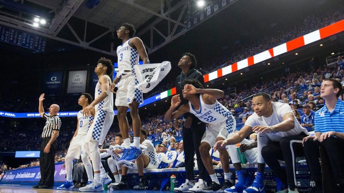 Kentucky guard Hamidou Diallo (3) celebrated as the walk-ons scored in the final minutes of the game as UK defeated UIC 107-73 in Rupp Arena on Sunday night.