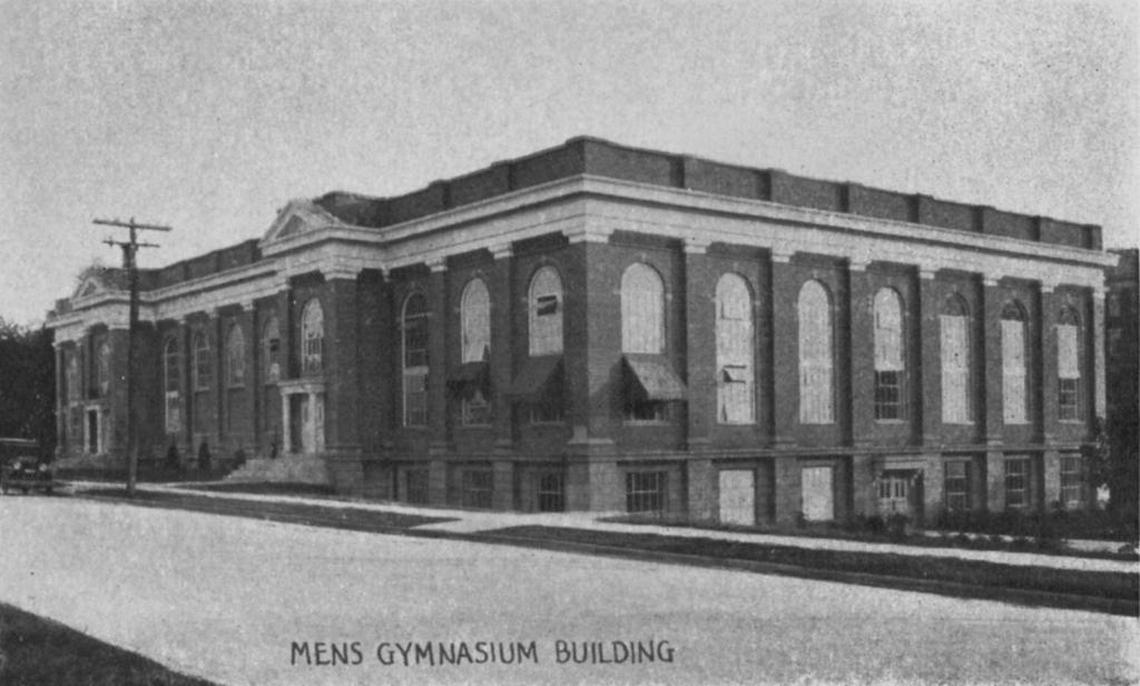 Alumni Gymnasium on the University of Kentucky campus shown on a 1937 post card. The gym opened in 1924 and was a 2,800 seat multi-purpose arena, serving as home to the University of Kentucky basketball team. It was replaced when Memorial Coliseum opened in 1950.