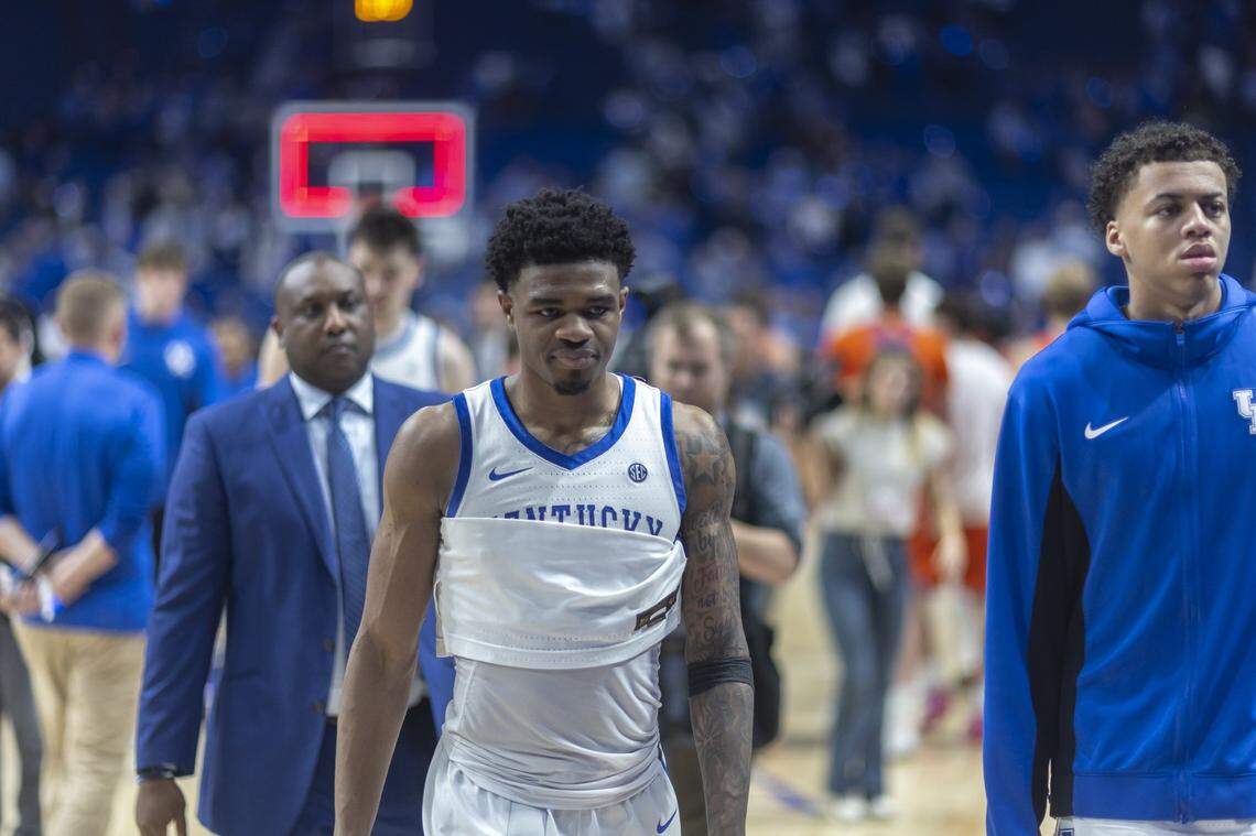 Kentucky Wildcats guard Otega Oweh (00) walks off the court following a loss to Florida on Saturday at Rupp Arena. Oweh scored 28 points in his final home game at UK.
