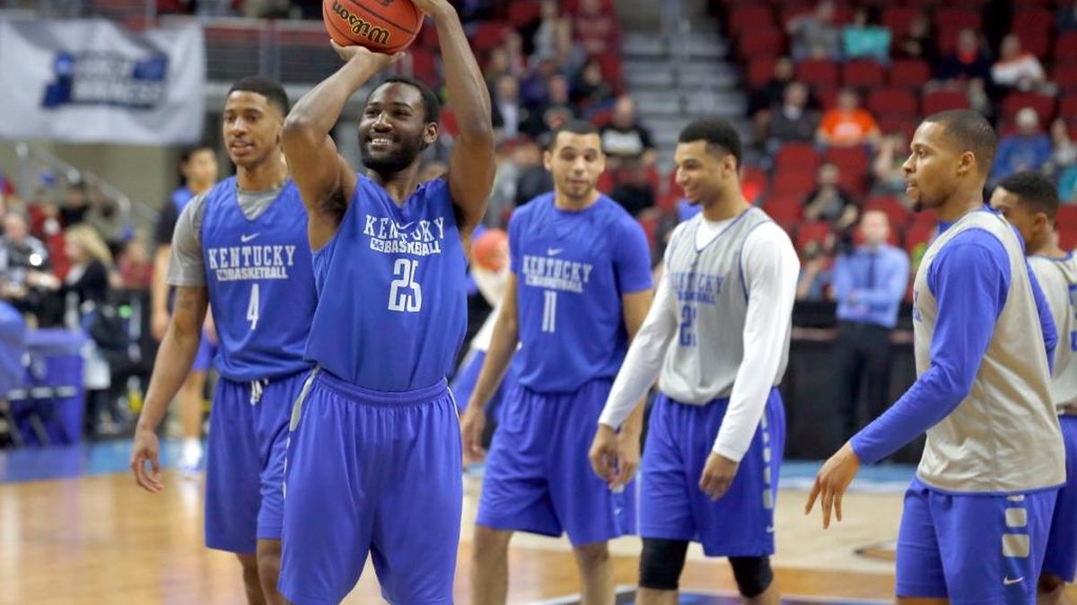 Kentucky Wildcats guard Dominique Hawkins (25) laughed as he took a jumper as the University of Kentucky practiced for their NCAA opening round game in Wells Fargo Arena in Des Moines, IA, Wednesday, March 16, 2016. UK plays Stony Brook Thursday night in a first round NCAA tournament game.
