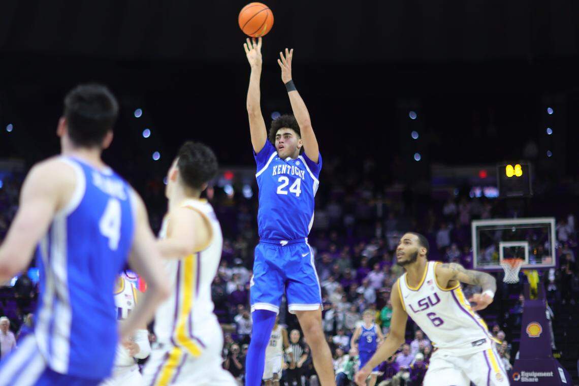 Kentucky Wildcats center Malachi Moreno (24) scores a basket before the buzzer to give Kentucky a win during a game against the Louisiana State Tigers at the Pete Maravich Assembly Center in Baton Rouge, La., on Wednesday, Jan. 14, 2026.  
