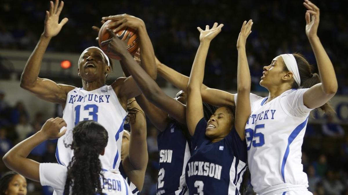 Kentucky forward Evelyn Akhator (13) grabs an offensive rebound during the first half against Jackson State Sunday, Nov. 29, 2015 in Lexington, Ky.