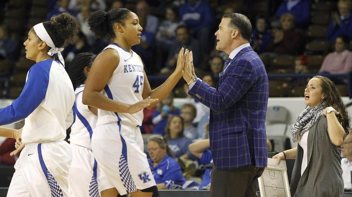 Kentucky head coach Matthew Mitchell, right, said of Alyssa Rice (45): “She has been one of the most balanced people, and one of the people that have come in and taken advantage of what the program really offers. In every way imaginable, she’s grown.”