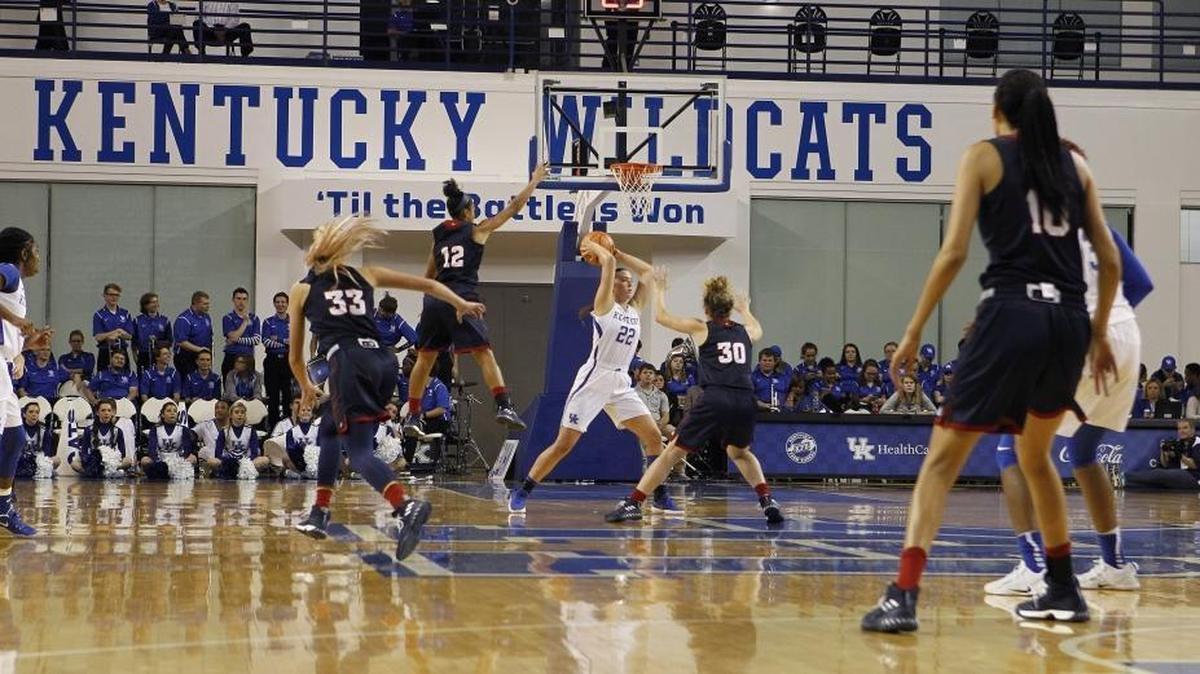 Kentucky’s Makenzie Cann looks for help in the backcourt against Southern Indiana’s press on Sunday at Memorial Coliseum. The Cats expect to see plenty of different defenses in the season opener against Sacramento State on Friday.
