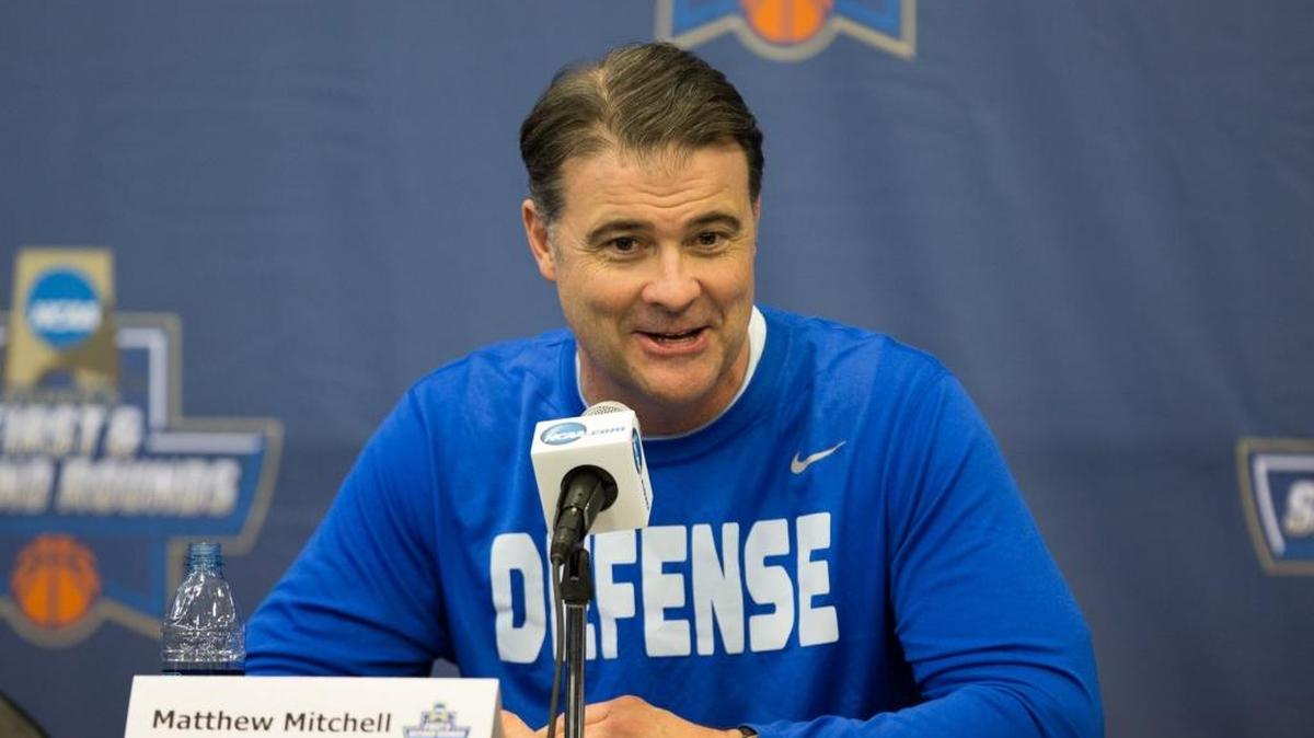 Kentucky Wildcats head coach Matthew Mitchell answered questions before practice at Memorial Coliseum on Friday March 18, 2016 in Lexington, Ky.