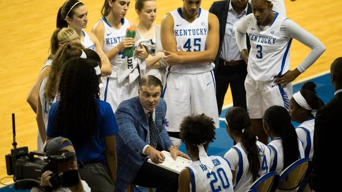 Kentucky head coach Matthew Mitchell during a time out as host UK defeated Tennessee Tech 82-54 at Memorial Coliseum on Sunday Dec. 3, 2017 in Lexington, Ky.