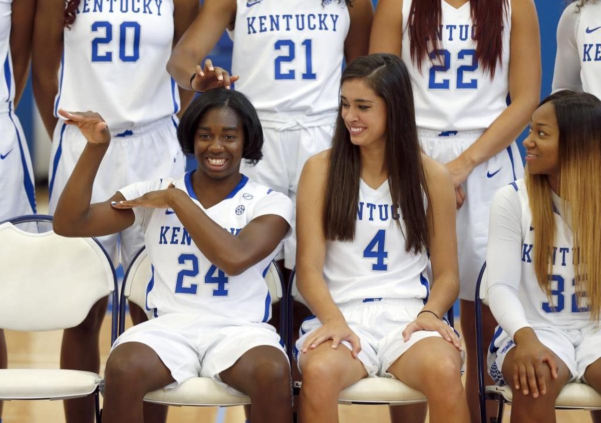 Taylor Murray (24) joked around as Maci Morris (4) watched during the University of Kentucky’s photo day.