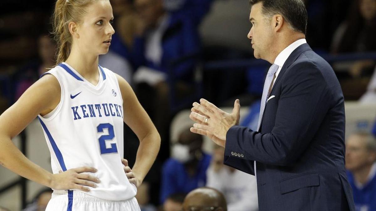 Kentucky Coach Matthew Mitchell talked with center Ivana Jakubcova (2) as she came off the court during the second half in Memorial Coliseum on Sunday, Nov. 8, 2015, in Lexington.