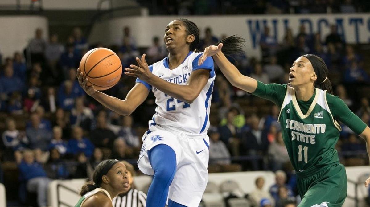 Kentucky Wildcats guard Taylor Murray (24) drove past \Sacramento State Hornets guard Dana DeGraffenreid (11) as UK women's basketball team defeated Sacramento State 101-70 at Memorial Coliseum on Friday Nov. 10, 2017 in Lexington, Ky.