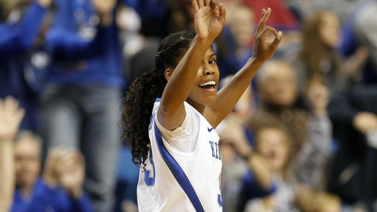 UK’s Janee Thompson celebrated a three-point shot against Duke. She made 3-of-4 from beyond the arc en route to finishing with 17 points.