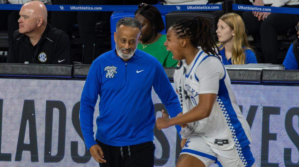 Kentucky Head Coach Kenny Brooks gives a slight smile as UK scores during the Kentucky Wildcats vs. South Carolina Gamecocks game at Memorial Coliseum on March 1, 2026, in Lexington, Ky.