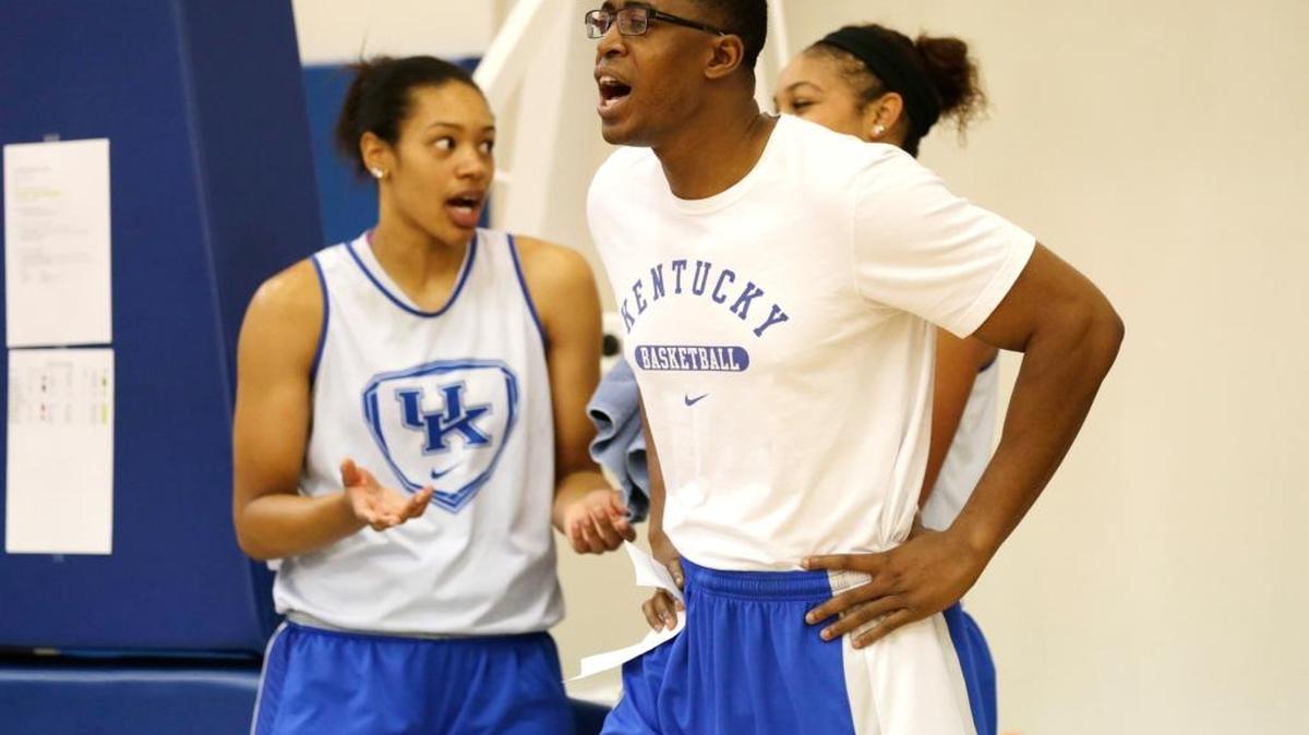 Assistant coach, Adeniyi Amadou gave instruction during Kentucky women's basketball media day at Joe Craft Center in Lexington, Ky., on Oct. 29, 2014.