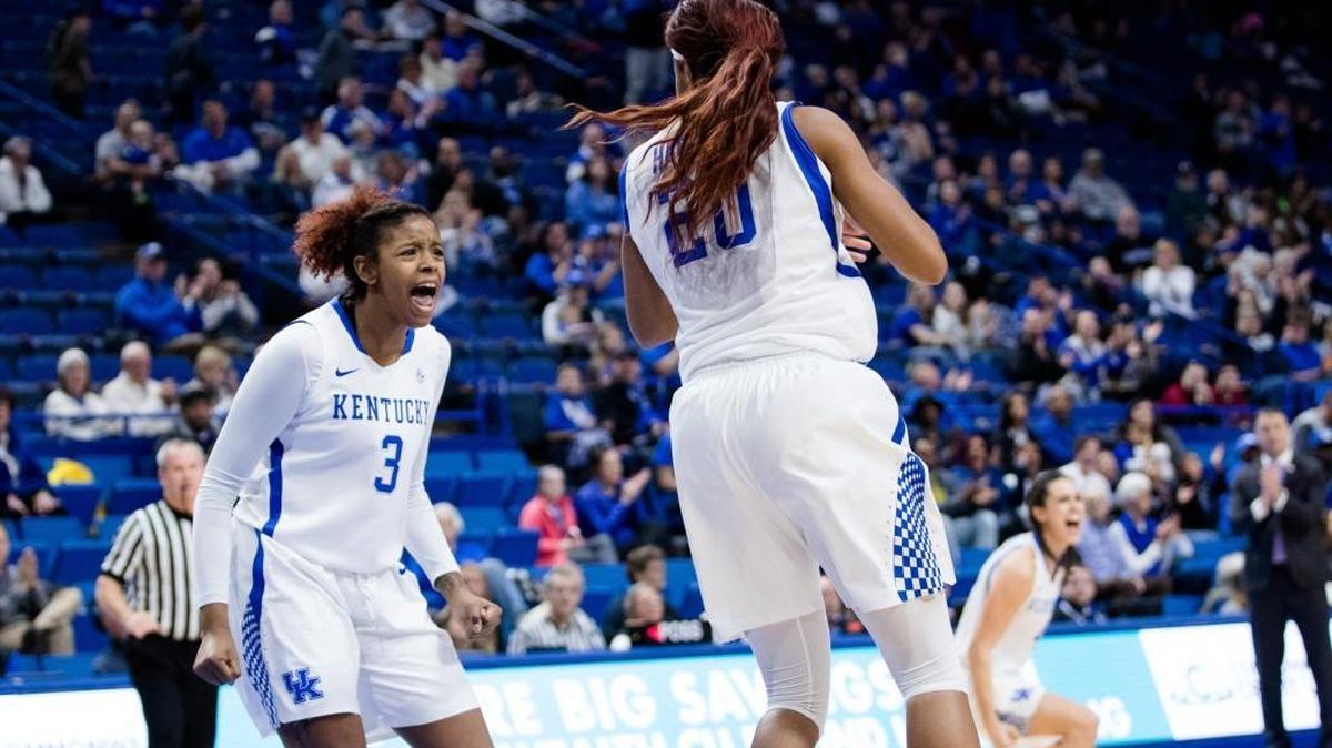 Kentucky’s Keke McKinney (3) reacted to Dorie Harrison (20) being fouled as she scored a basket as UK hosted South Carolina in Rupp Arena on Jan. 21.