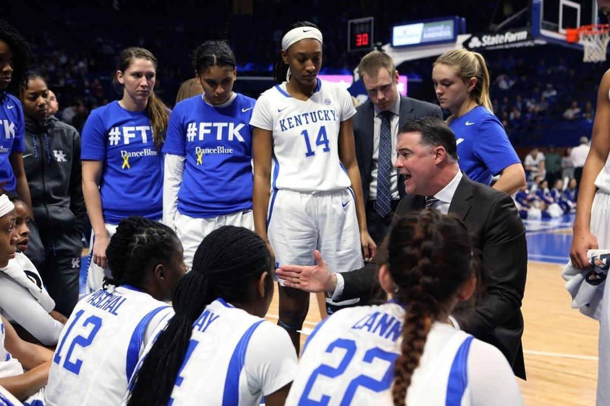 Kentucky head coach Matthew Mitchell talked to his team during a timeout Sunday while playing LSU at Rupp Arena.