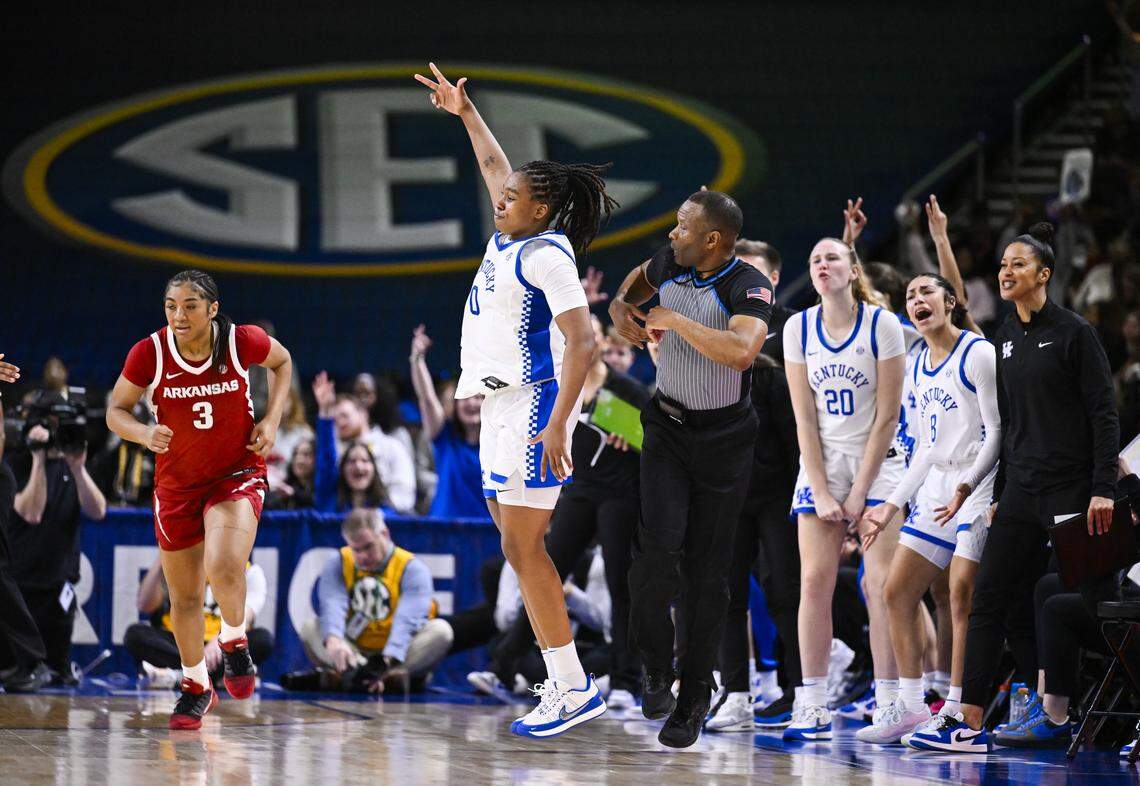 Kentucky's Jordan Obi (0) played 27 minutes off the bench as the Wildcats beat Arkansas 94-64 in a first-round SEC Women’s Basketball Tournament game Wednesday at Bon Secours Arena in Greenville, South Carolina .