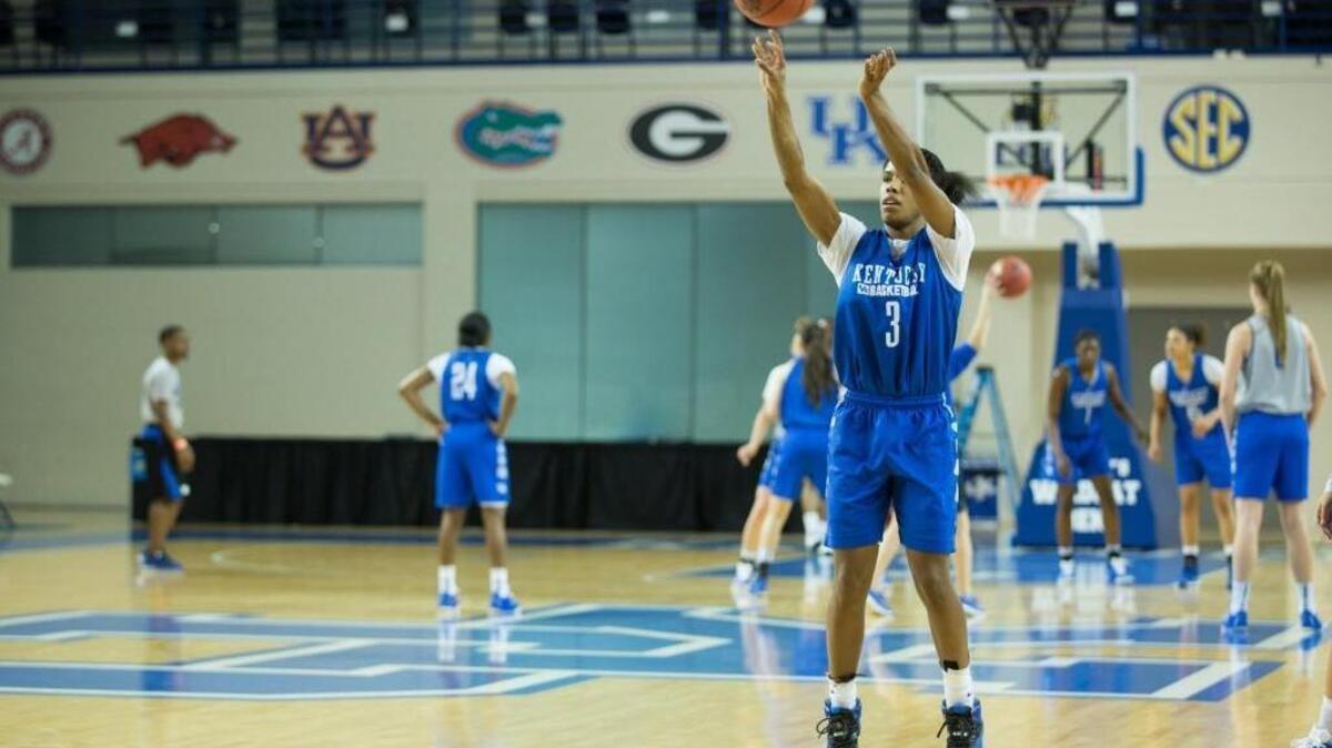 Kentucky Wildcats guard Janee Thompson (3) practiced her shot at Memorial Coliseum on Friday March 18, 2016 in Lexington, Ky.