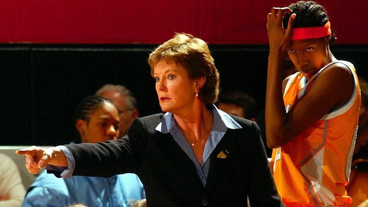 Legendary Tennessee women’s basketball coach Pat Summitt directing her team in a 2001 game against DePaul.