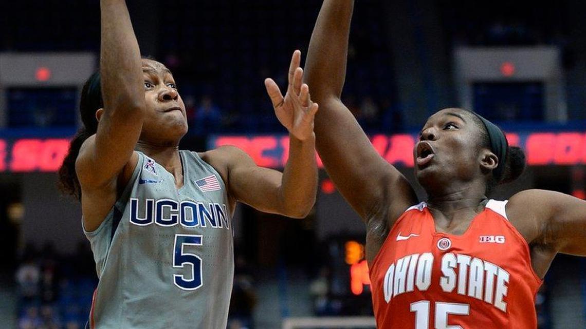 Ex-Kentucky guard Linnae Harper, No. 15, is coming off the bench at Ohio State but averaging 8.4 points and 6.5 rebounds in only 18.8 minutes a game.