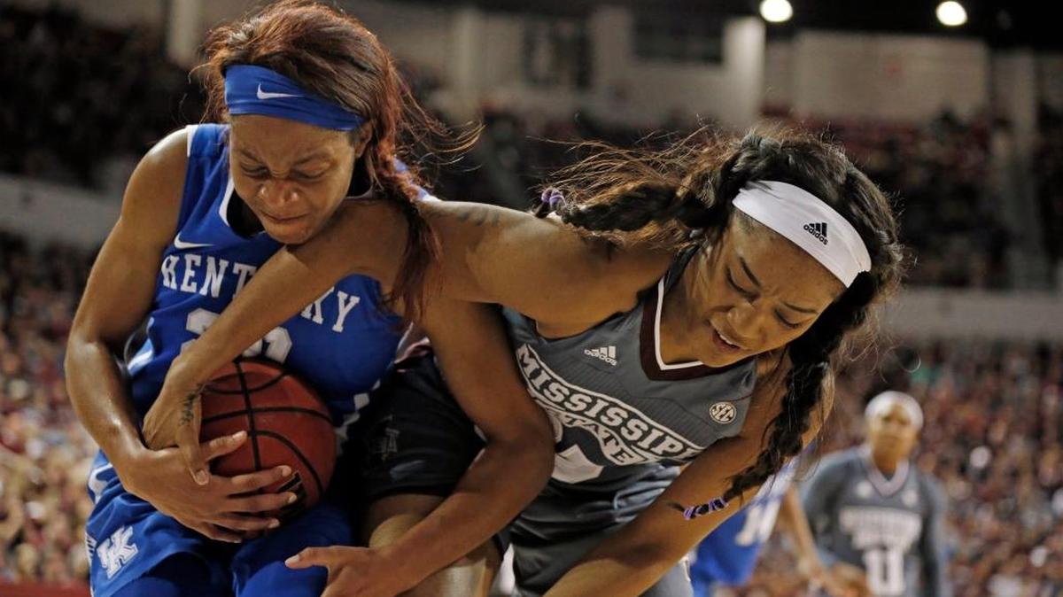 Mississippi State guard Victoria Vivians, right, lost a rebound to Kentucky center Dorie Harrison during the second half.