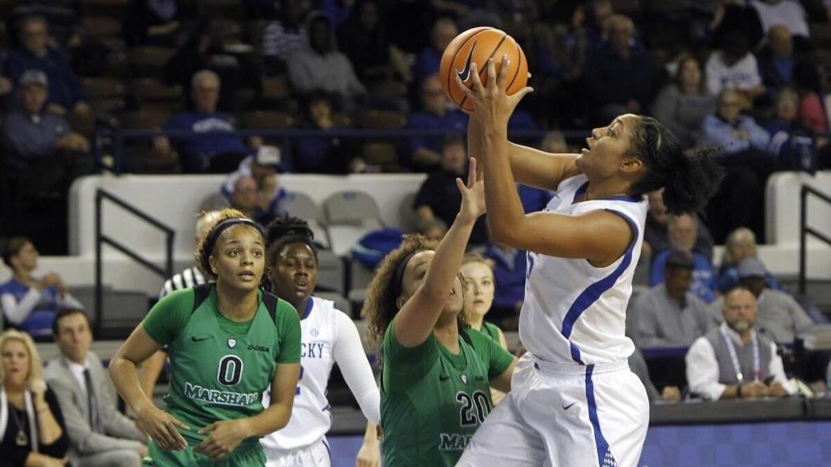 UK's Alyssa Rice shoots against Marshall's Taylor Pearson in Memorial Coliseum in Lexington on Sunday.