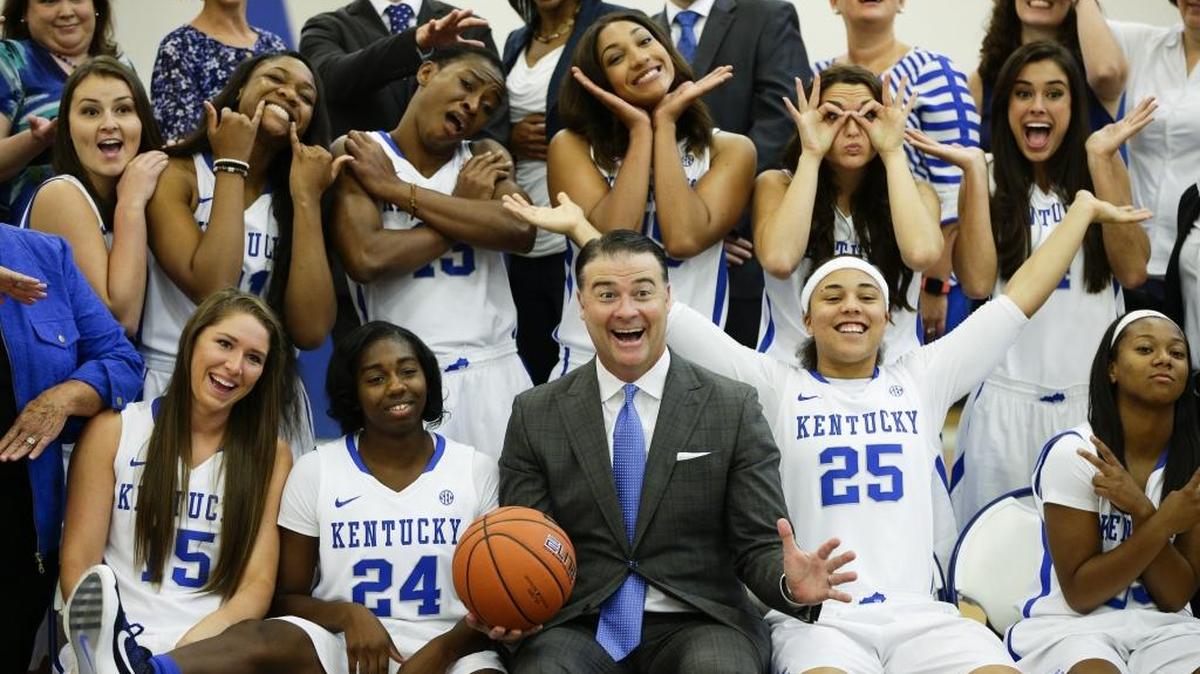 The UK women’s basketball team clowned around for a team photo during photo day on Monday, July 22, 2016 in Lexington, Ky.