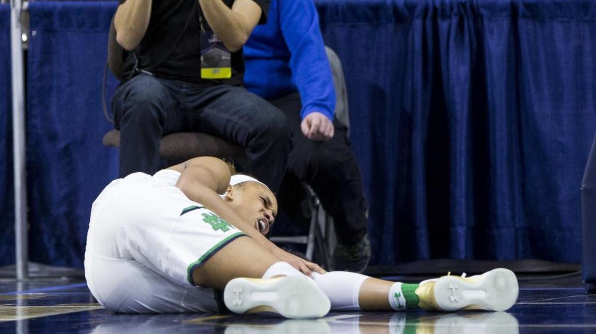 Notre Dame’s Brianna Turner went down with a knee injury during the first half of the Fighting Irish’s overtime win over Purdue on Sunday night.