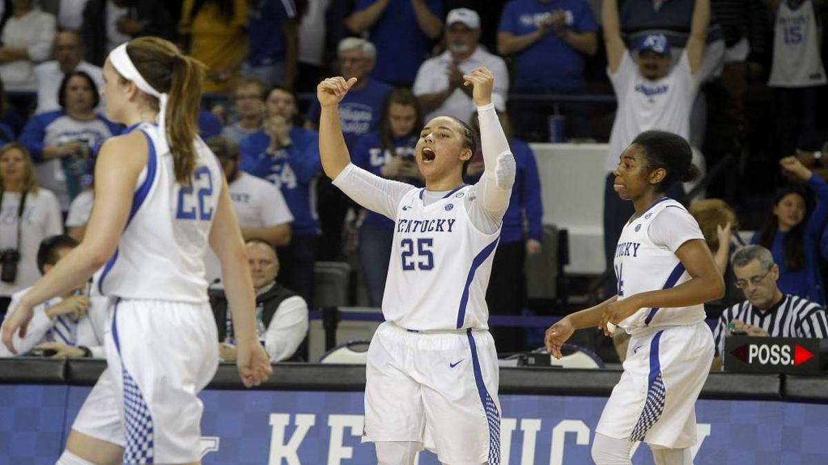 UK's Makayla Epps encorages the fans after taking the lead late in OT against Mississippi St. at Memorial Coliseum in Lexington, Ky., Thursday, Feb. 23, 2017.