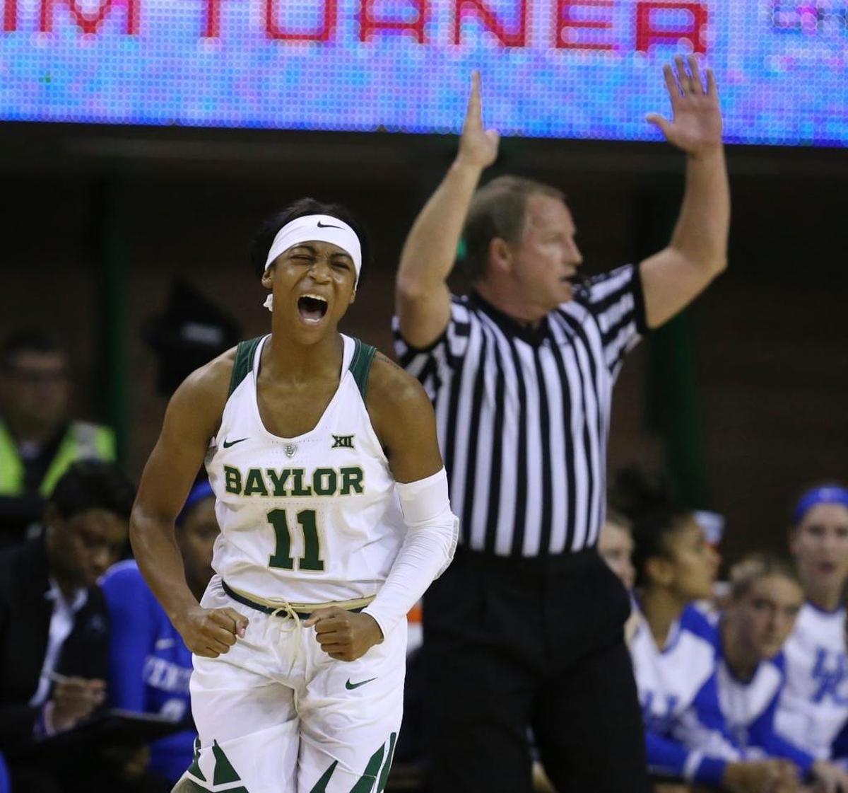 Baylor guard Alexis Morris reacts to a 3-point shot against Kentucky during the first half of an NCAA college basketball game, Thursday, Nov. 30, 2017, in Waco, Texas. (Rod Aydelotte/Waco Tribune Herald via AP)