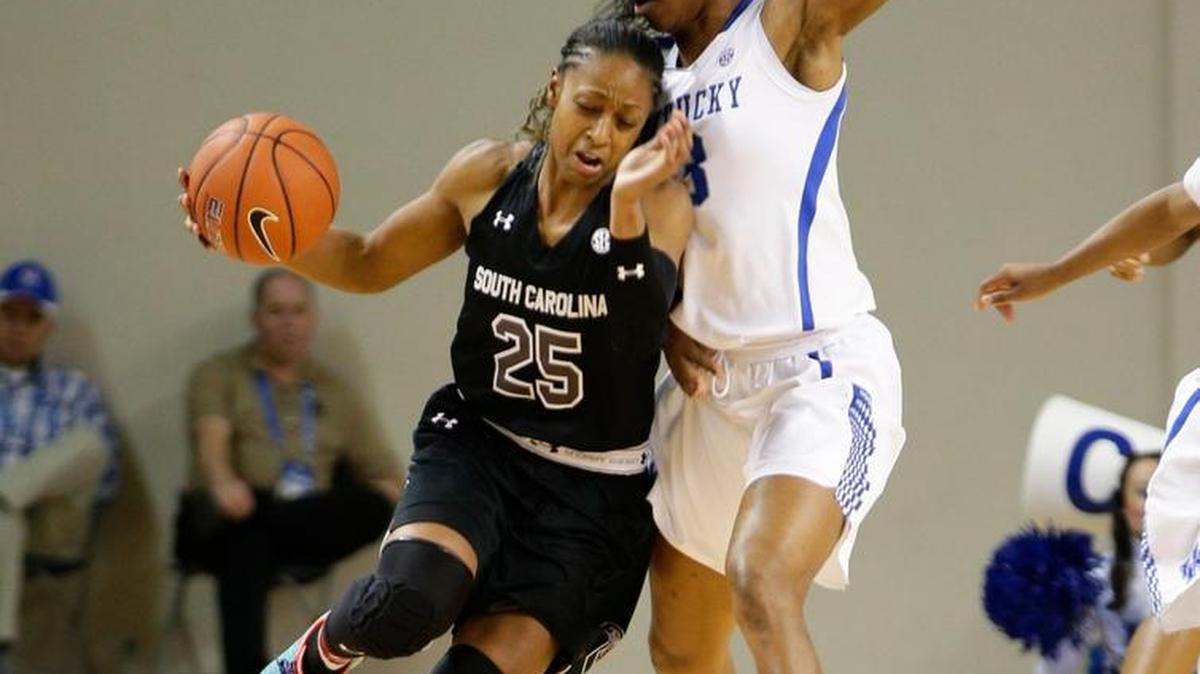 Kentucky forward Evelyn Akhator put herself in Tiffany Mitchell’s way in the South Carolina game on Jan. 13. Akhator likes to draw charges; this time a foul was called.