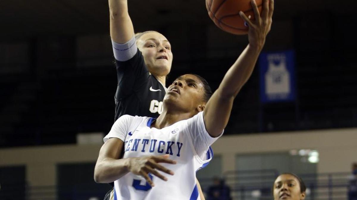 Kentucky guard Janee Thompson (3) scored around Colorado guard Alexis Robinson (2) during the first half in Memorial Coliseum on Sunday.