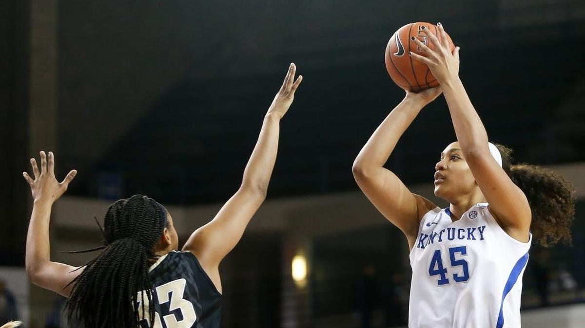 Wildcats center Alyssa Rice (45) put up a jumper over Vanderbilt’s Christa Reed. Rice’s goal has been to get out of her own head offensively, shake off the frustration when she misses layups, and work harder to become a weapon for the Cats on that side of the ball.