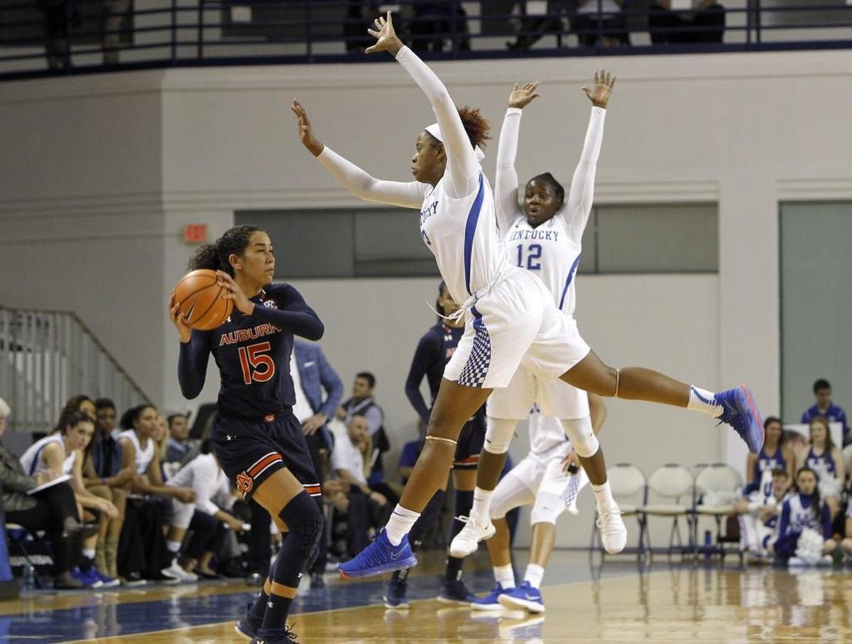 Kentucky’s KeKe McKinney leaped for the ball against Auburn during their game in Memorial Coliseum on Feb. 1. The freshman has become instant energy at the top of Cats’ press.