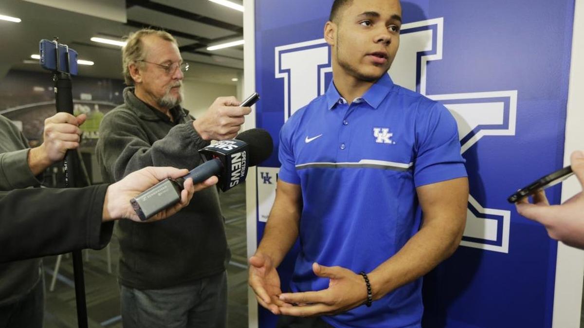Running back Bryant Koback took questions from the media at Commonwealth Stadium on Jan. 27. A press conference was held to introduce mid-year transfers to the University of Kentucky football team.