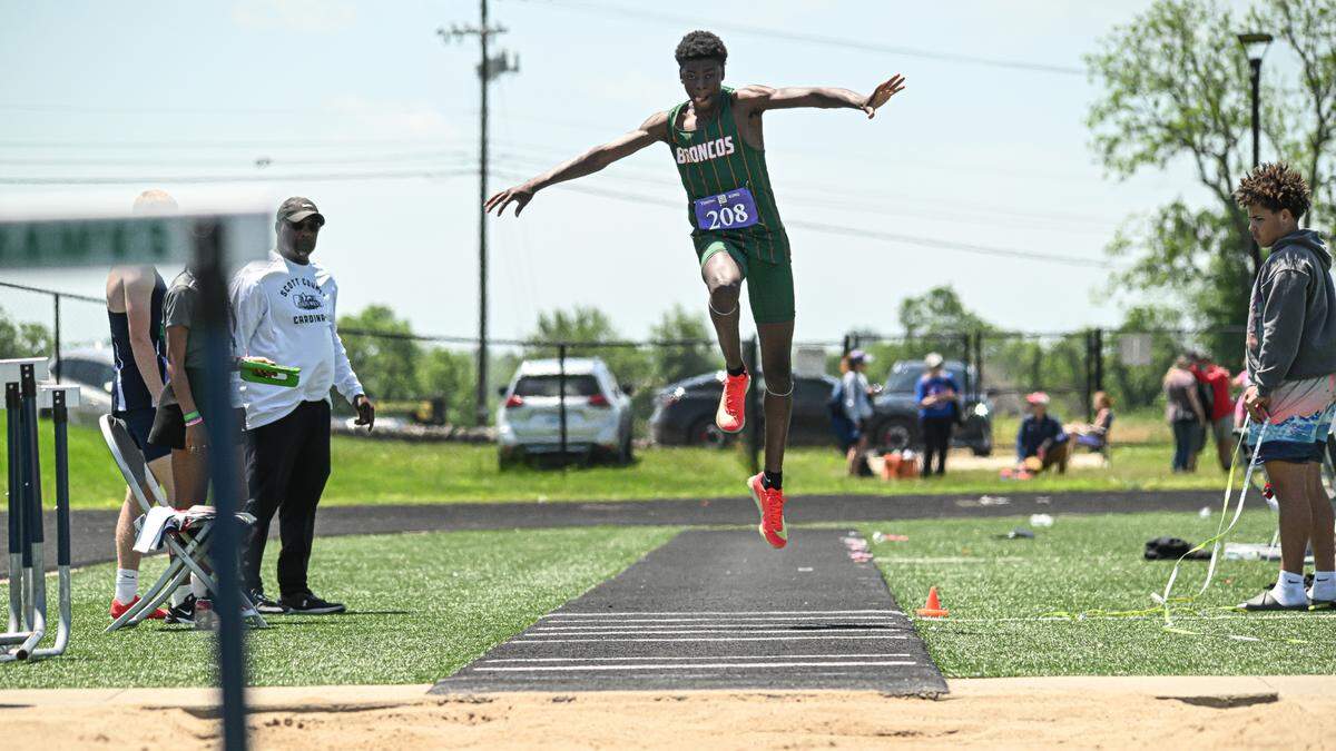 Frederick Douglass sophomore Malcolm Crow competes in the long jump at the Region 6 championship on May 17, 2025.