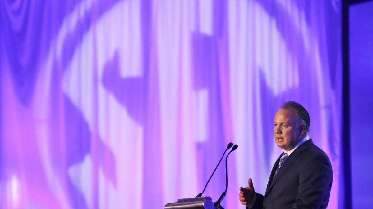 Kentucky coach Mark Stoops speaks to the media at the Southeastern Conference NCAA college football media days, Wednesday, July 13, 2016, in Hoover, Ala.