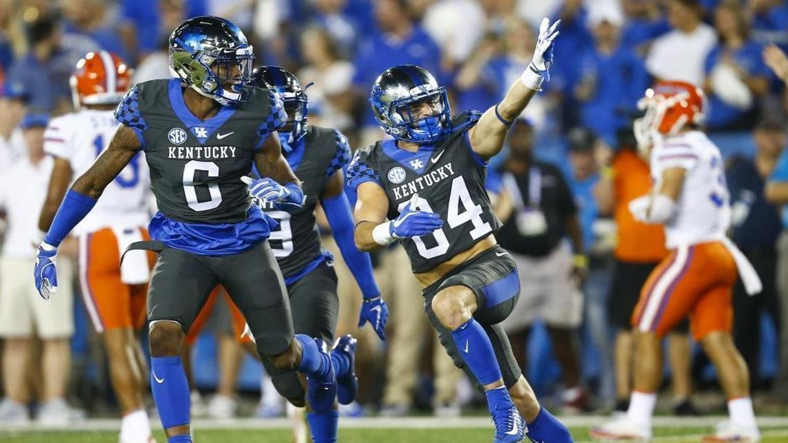 Kentucky Wildcats wide receiver Charles Moushey (84) celebrated after a big tackle on special teams versus Florida last season. The walk-on has graduated but his efforts still motivate teammates this season.