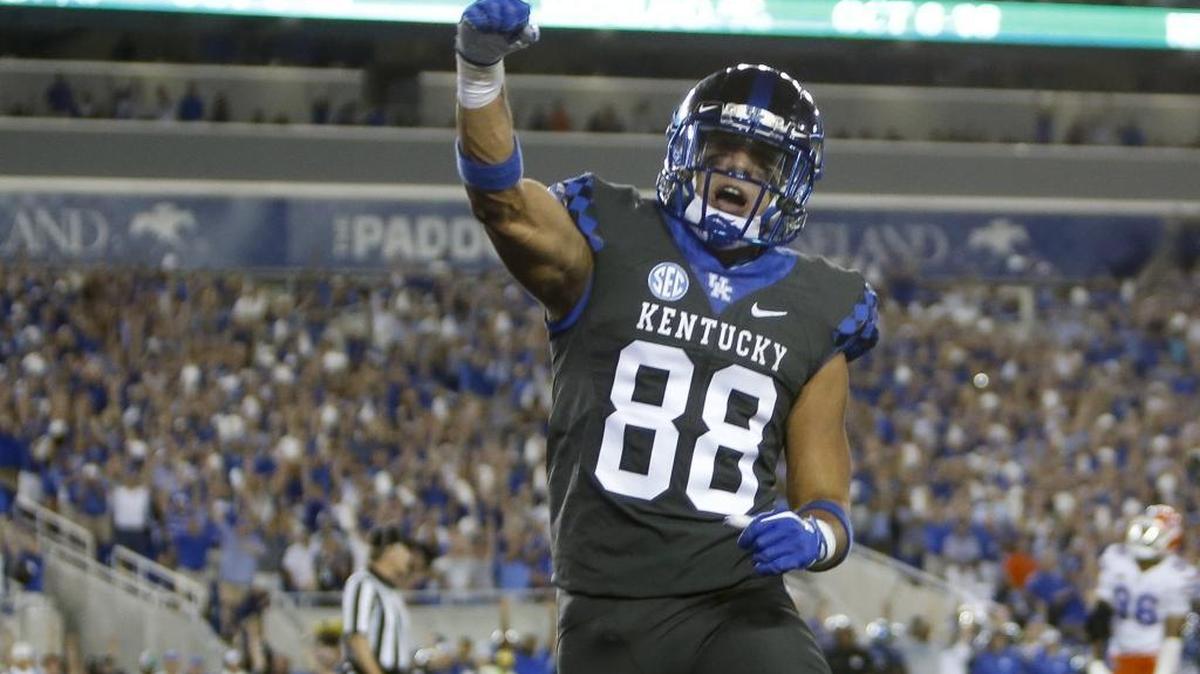 Kentucky Wildcats wide receiver Charles Walker (88) celebrates after a touchdown pass to wide receiver Blake Bone (6) (not pictured) during the first half against the Florida Gators at Kroger Field on Saturday, September 23, 2017.