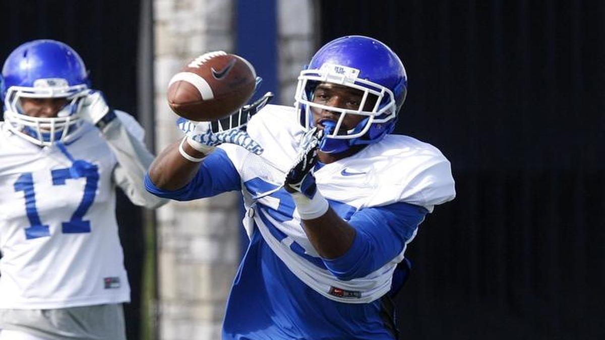 Kentucky safety Darius West went through drills during football practice on the Tim Couch practice fields in 2015. West missed last season with a knee injury.