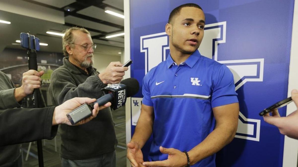 Running back Bryant Koback took questions from the media at Commonwealth Stadium in Lexington, Ky., on Jan. 27, 2017. A press conference was held to introduce mid-year transfers to the University of Kentucky football team.