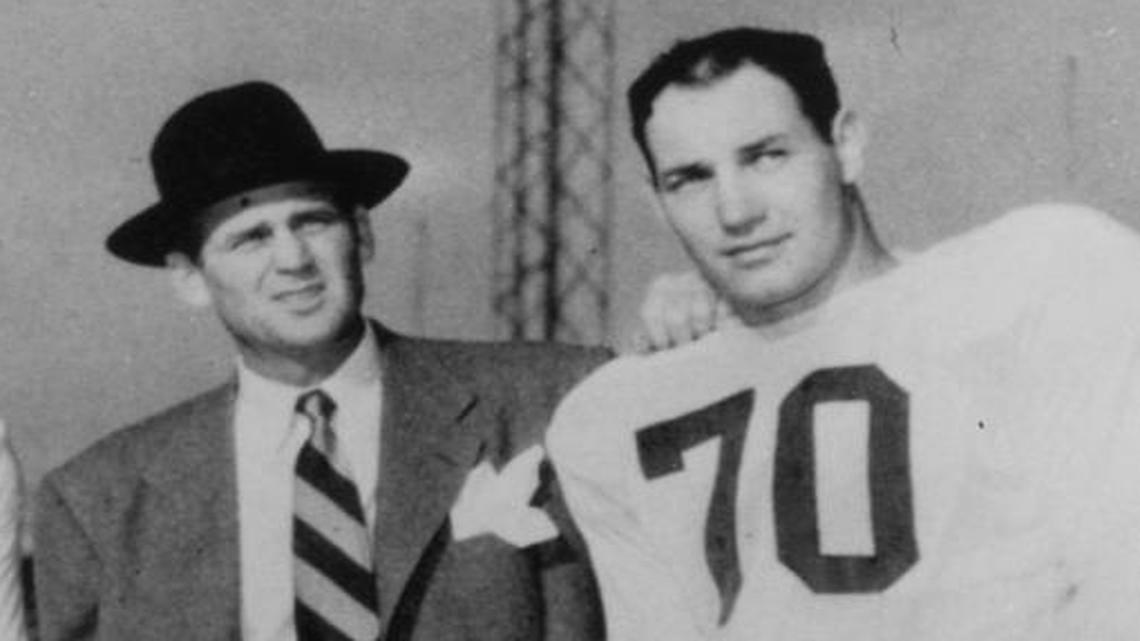 Tackle Bob Gain, right, Coach Bear Bryant and quarterback Babe Parilli were the three faces of the golden era of University of Kentucky football.