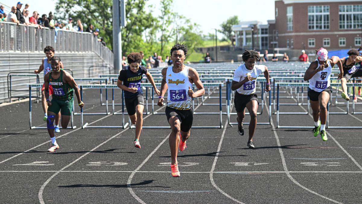 Woodford County’s Jalen Johnson runs the 100-meter hurdles at the Region 6 meet on May 17, 2025.