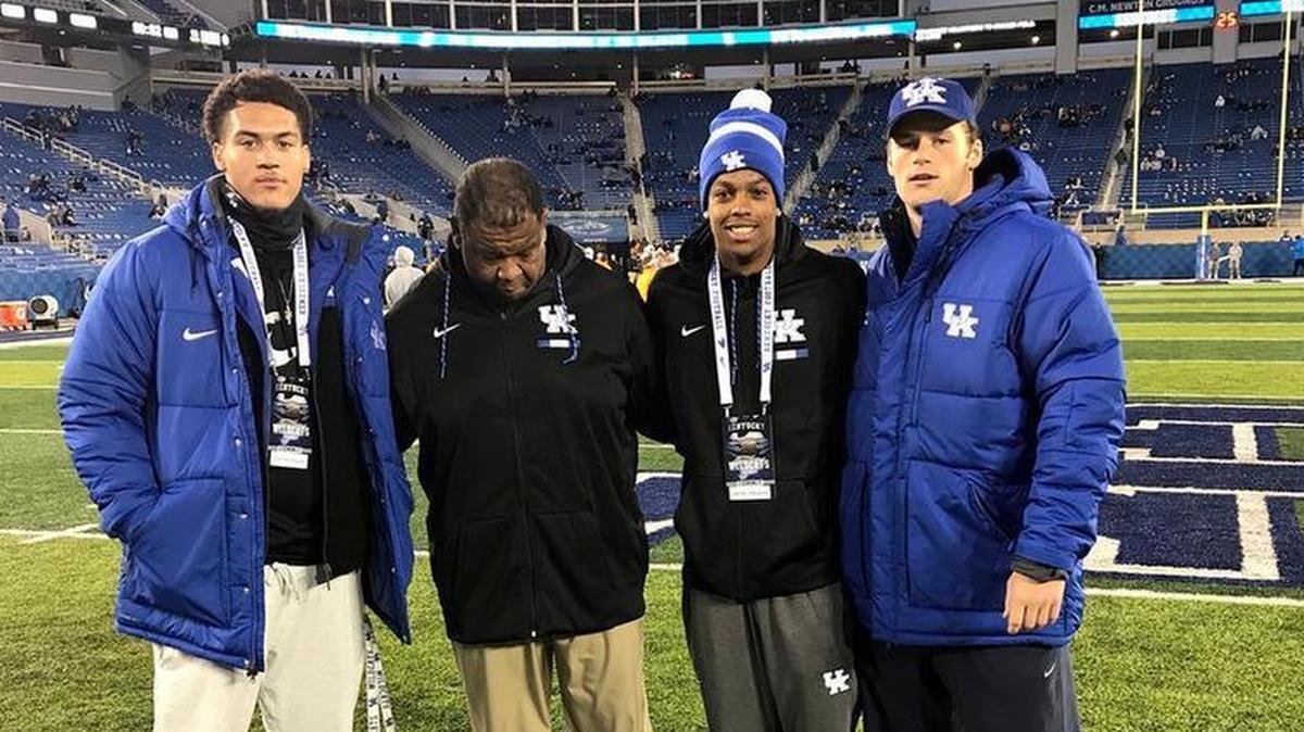 Jarren Williams, second from right, tweeted a photo of himself with fellow UK commitments Keaton Upshaw, left, and Brenden Bates, right, along with UK assistant coach Vince Marrow, before the Cats’ game against Tennessee last month.