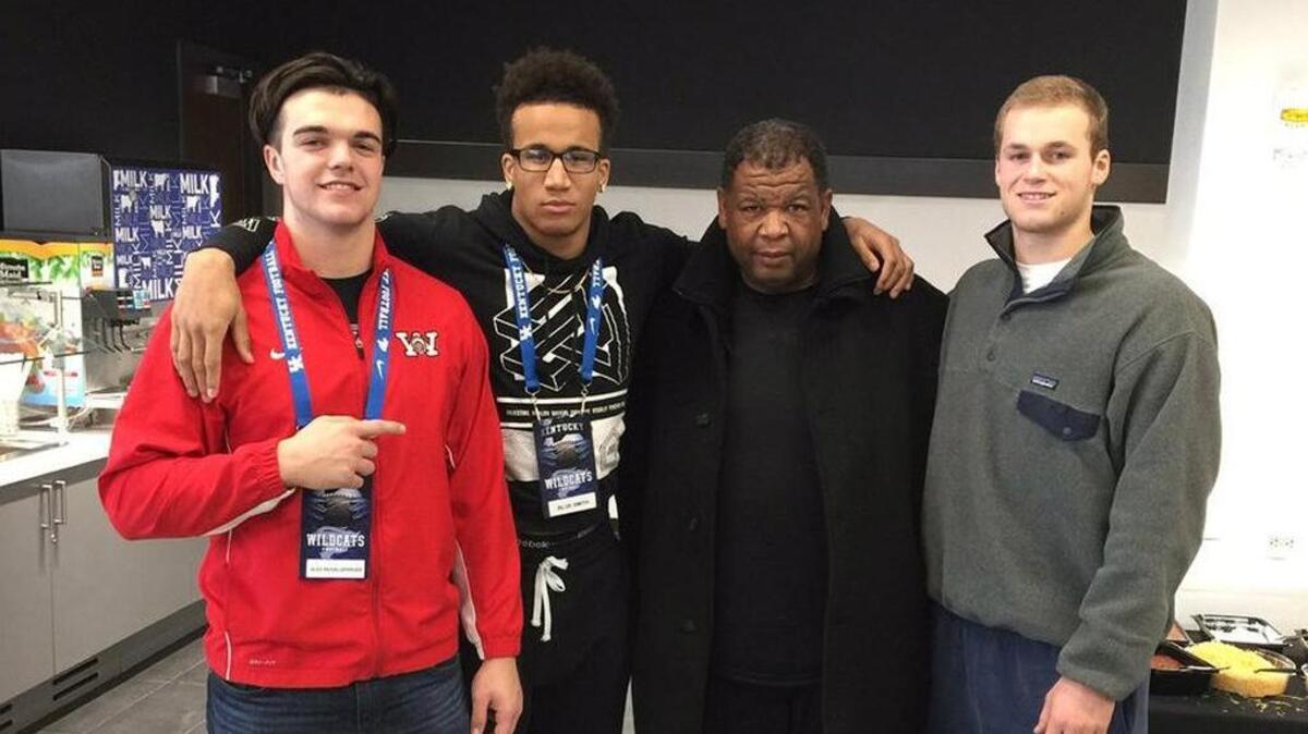 UK target Brenden Bates, right, posted a photo to Twitter of himself with UK commitment Alex Reigelsperger, left, UK target L’Christian Smith and UK recruiting coordinator Vince Marrow during a visit to Lexington last weekend.