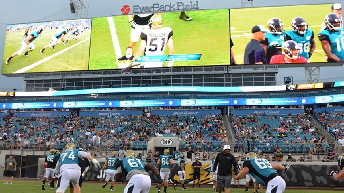 EverBank Stadium in Jacksonville includes two of the world’s largest video boards. There is one overlooking each end zone.