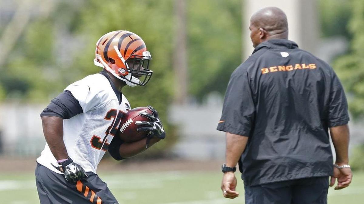 Cincinnati Bengals' rookie running back, Dy'Shawn Mobley (35), left, runs the ball during an OTA at Paul Brown Stadium in Cincinnati, Tuesday, May 31, 2016. Mobley came to the team from Eastern Kentucky University.