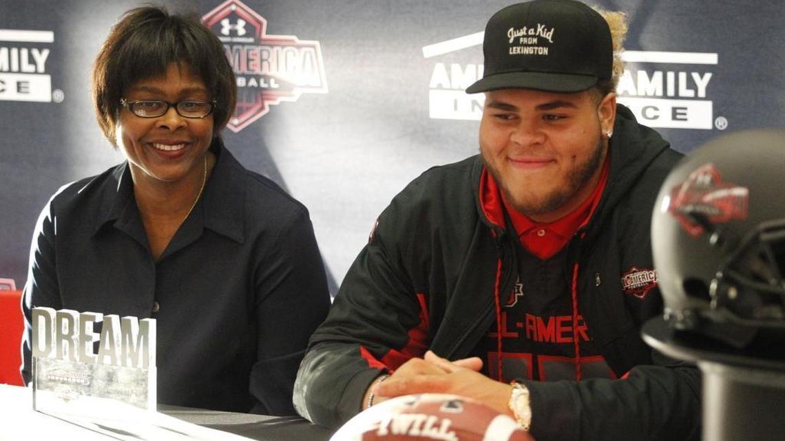 Jedrick Wills was presented his Under Armour All American Jersey in Lafayette’s cafeteria on Monday, November 7, 2016.