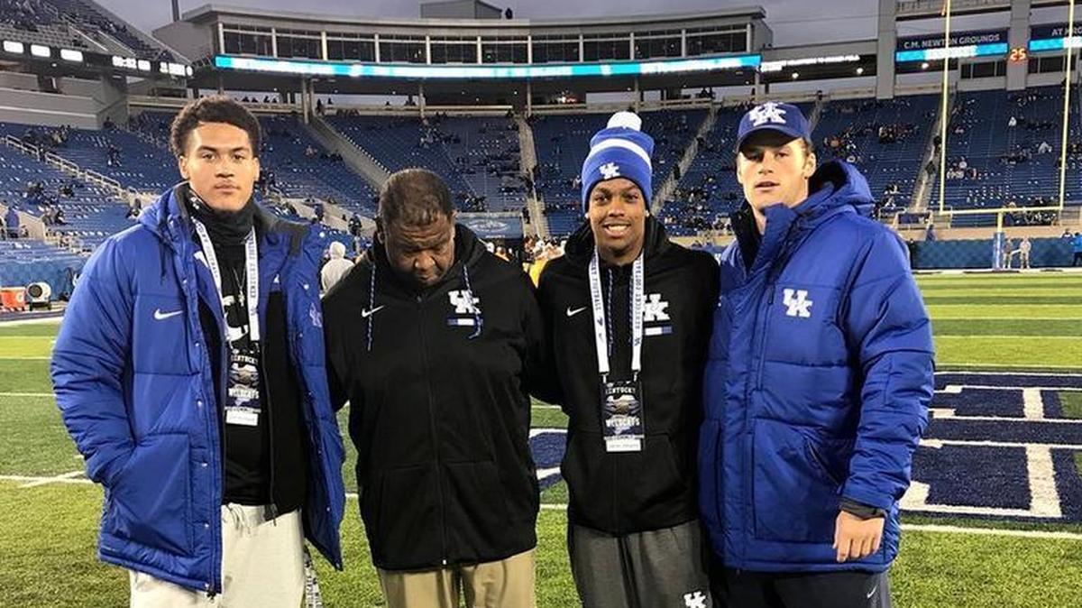 Jarren Williams, second from right, visited UK earlier this season along with Kentucky commitments Keaton Upshaw, left, and Brenden Bates, right. Vince Marrow was Williams’ lead recruiter.
