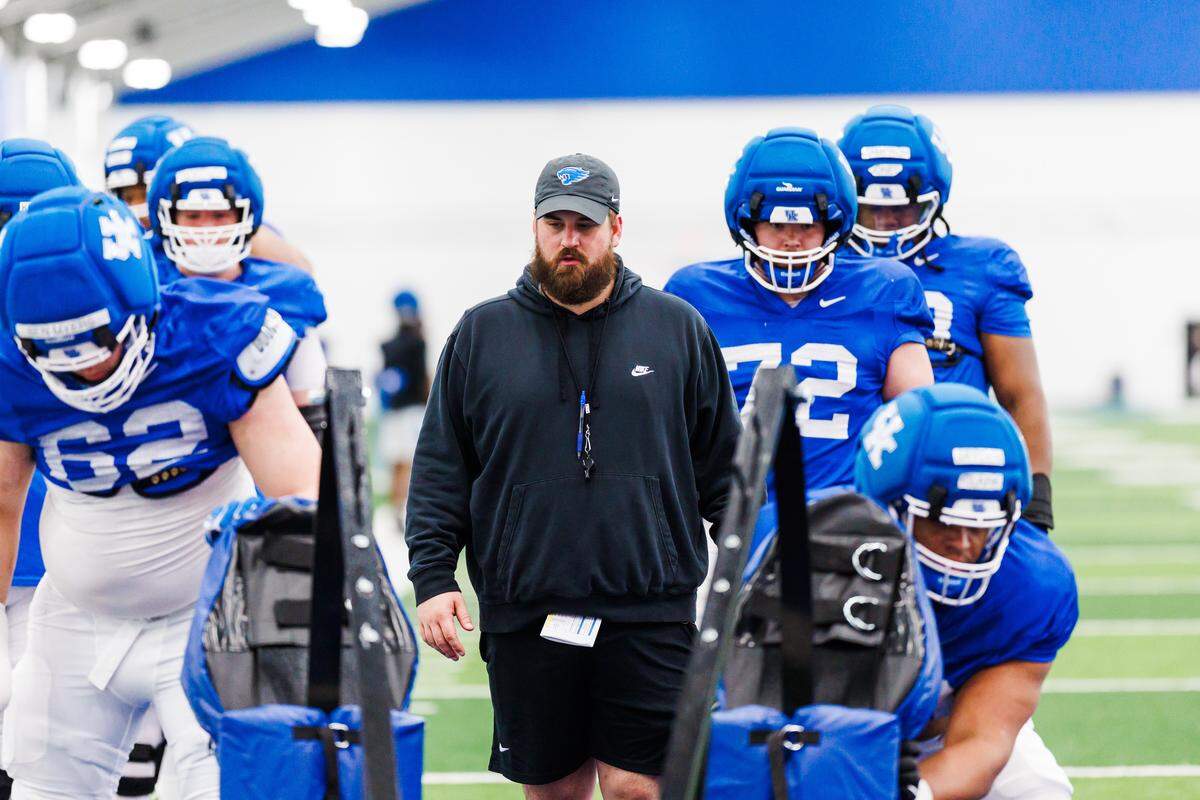 Kentucky offensive line coach Cutter Leftwich turns 28 in August. He is one of the youngest position coaches in the country.