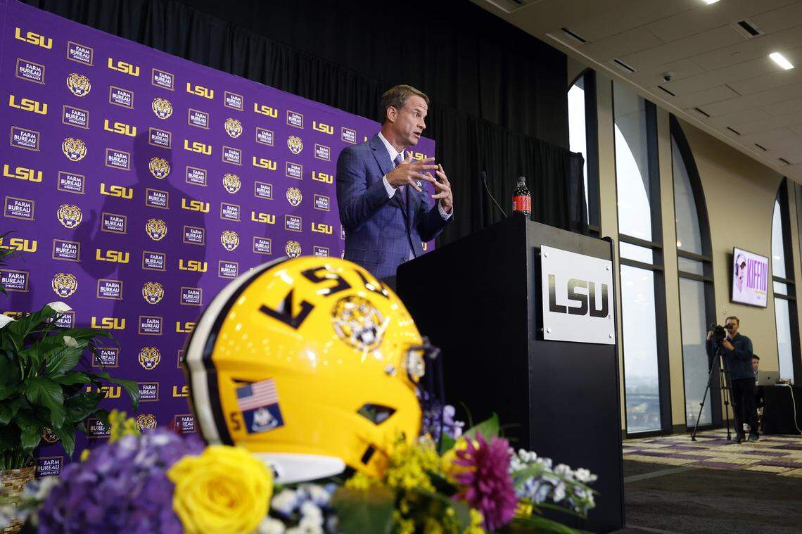 Lane Kiffin speaks at a press conference as he is introduced as the new head football coach of the LSU Tigers at Tiger Stadium in Baton Rouge, Louisiana, on Monday.