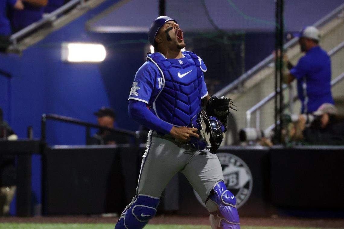 Kentucky’s Devin Burkes celebrates a strikeout in game two of the super regional against Oregon State in Lexington, Ky, Sunday, June 9, 2024.
